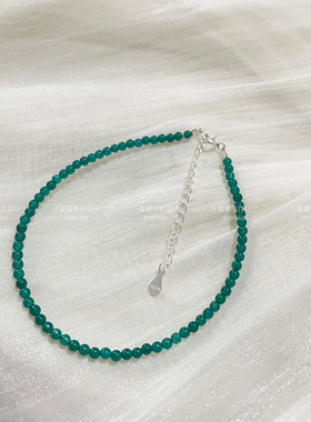 超正祖母绿色2.5mm极细手链925纯银轻奢脚链叠戴女款冰透小圆珠