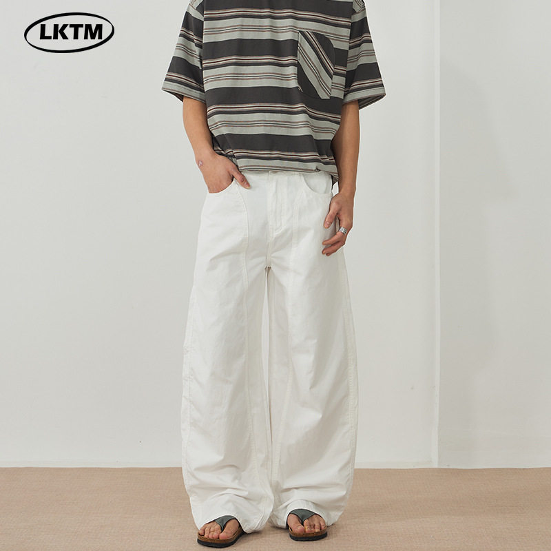 LKTM男装#春季新款丝光纯棉白色弯刀休闲裤男女简约通勤宽松长裤