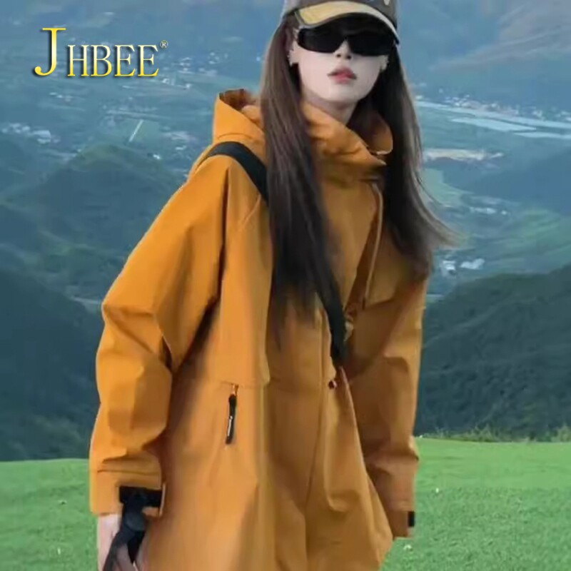 jhbee橘色连帽冲锋衣外套女春秋休闲运动户外冲锋服工装夹克上衣