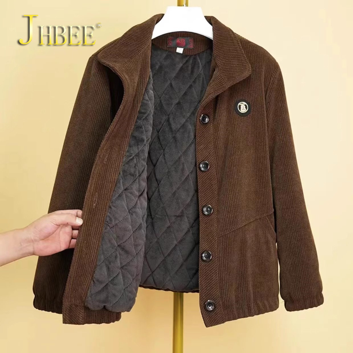 灯芯绒外套条绒纯色加绒上衣冬中老年女装翻领扣子妈妈装开衫夹克