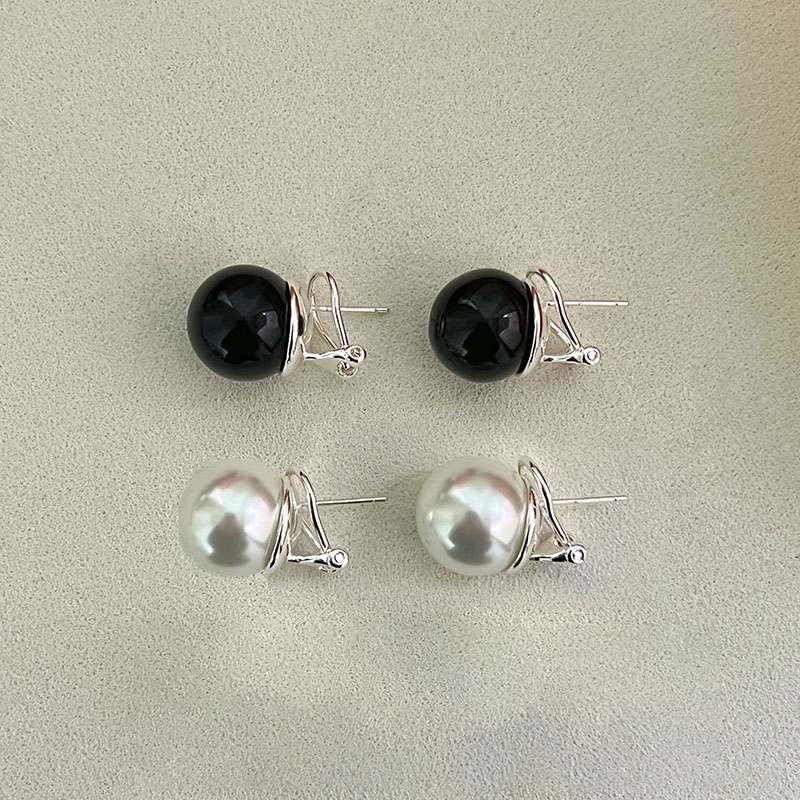 黑玛瑙圆球耳钉珍珠耳环女