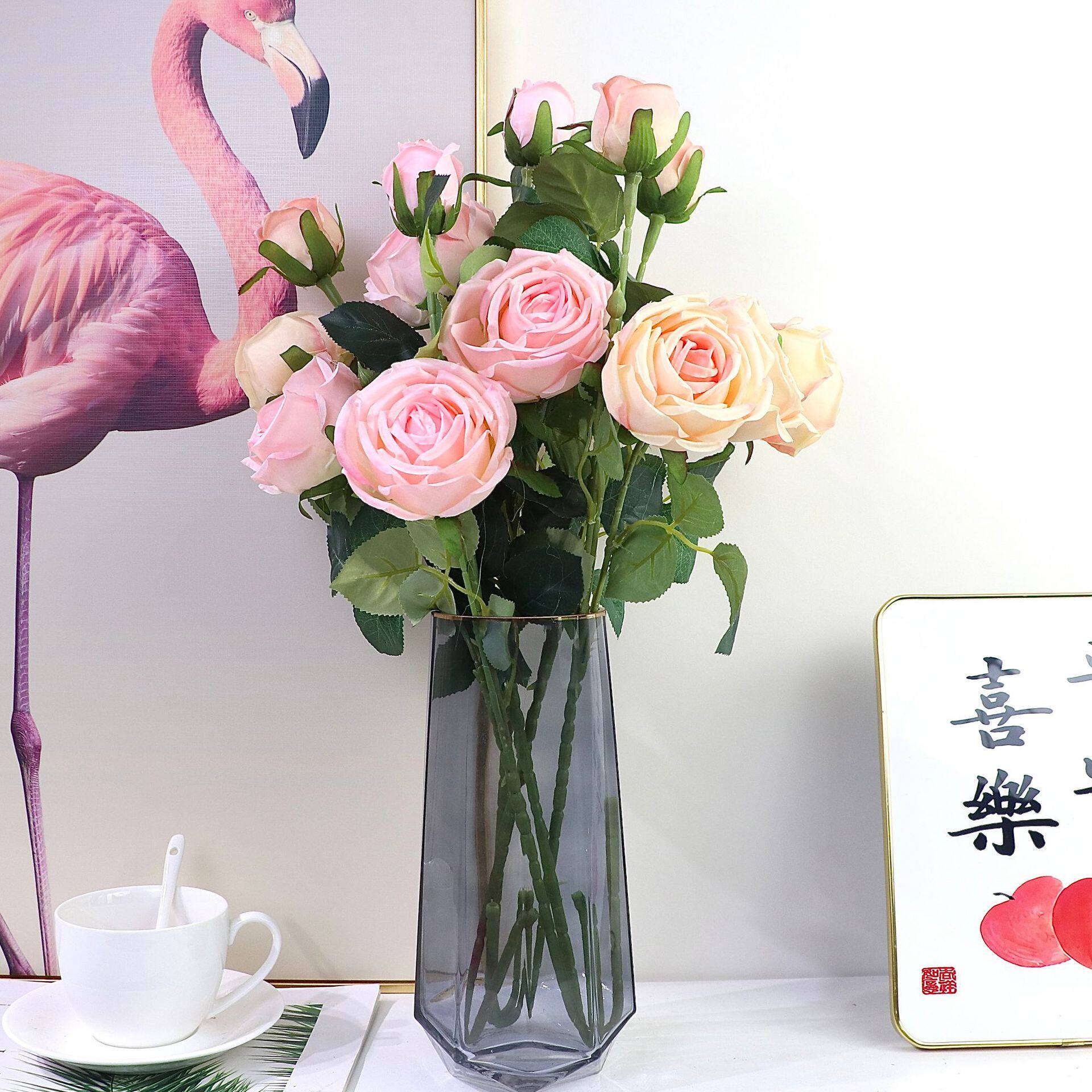 欧式3头皇妃玫瑰仿真花 贵妃玫瑰家居软装婚庆婚礼假花手捧花