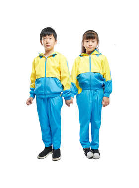 春秋芯菲彩伊中性幼儿园园服天蓝色拼黄色长裤校服裤子厂家直销