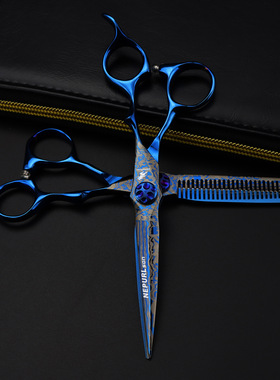 6.0寸蓝色大马士革 美发剪刀 理发剪 平剪 刘海剪FDM