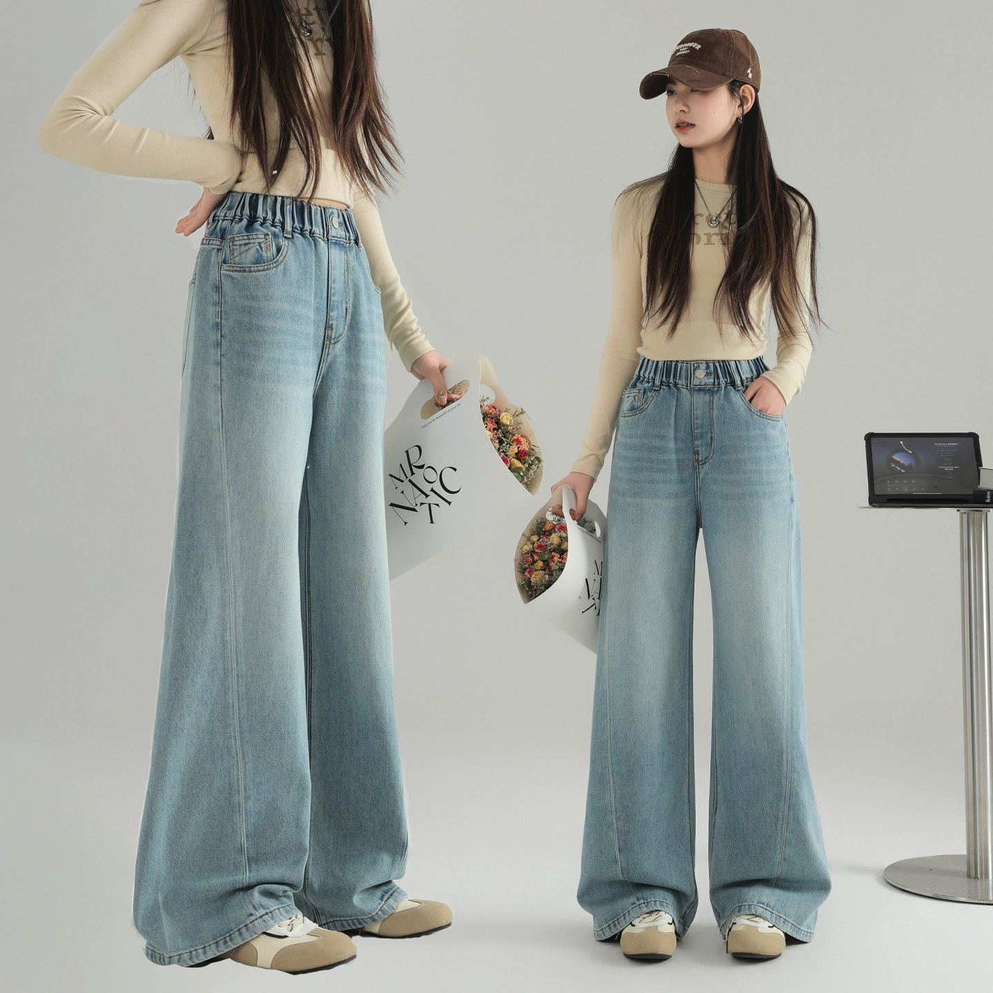 骄骄虎女童休闲慵懒风直筒牛仔裤松紧腰阔腿长裤初中生休闲裤9038