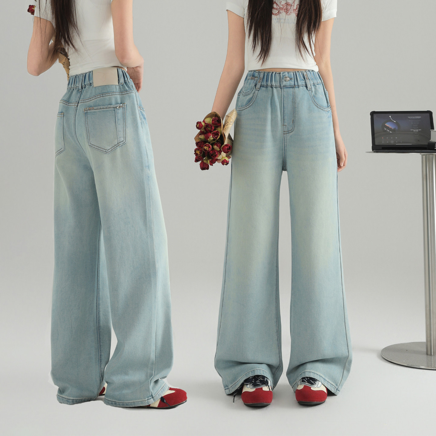 骄骄虎女童复古高腰阔腿牛仔裤初中生浅蓝色宽松垂感直筒裤子9036