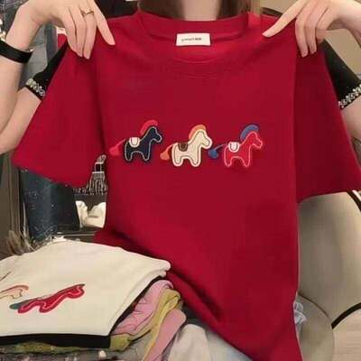 短袖t恤女时尚洋气减龄上衣圆领打底衫春夏季女ins设计感正肩纯色