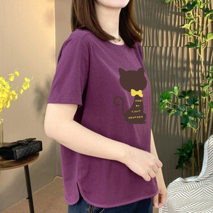 T恤女中老年妈妈装 圆领直筒休闲上衣 简约通勤风猫咪印花短袖 爆款