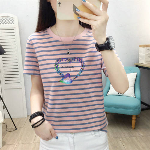 妈妈条纹短袖t恤衫女宽松2026夏季新款大码薄款显瘦正肩半袖上衣