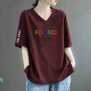 半袖 女中长款 体恤上衣体恤 t恤女宽松大码 清仓捡漏外贸妈妈v领短袖