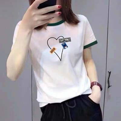 妈妈装撞色领卡通印花短袖T恤女2026春季新款百搭显瘦高级感上衣