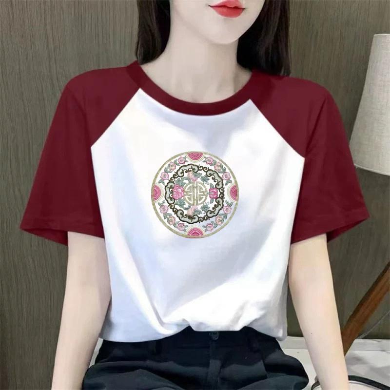 清仓捡漏外贸妈妈新中式T恤女夏季新款撞色短袖显瘦减龄洋气上衣