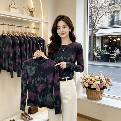 清仓捡漏时尚晕染印花双层网纱长袖T恤女中年妈妈装显瘦气质上衣
