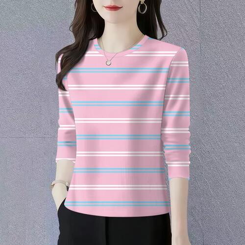 2026新品条纹长袖T恤女圆领显瘦遮肚妈妈装时尚百搭打底衫上衣