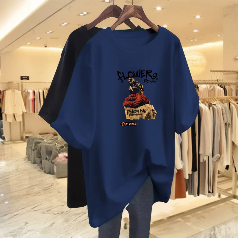 2025新款外贸妈妈装短袖t恤女宽松大码显瘦遮肚印花半袖体恤上衣