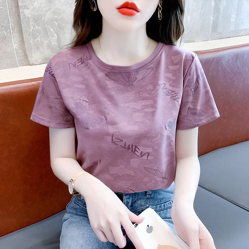 妈妈装中年新款韩版短袖T恤宽松圆领体恤女装潮款半袖上衣 紫粉色