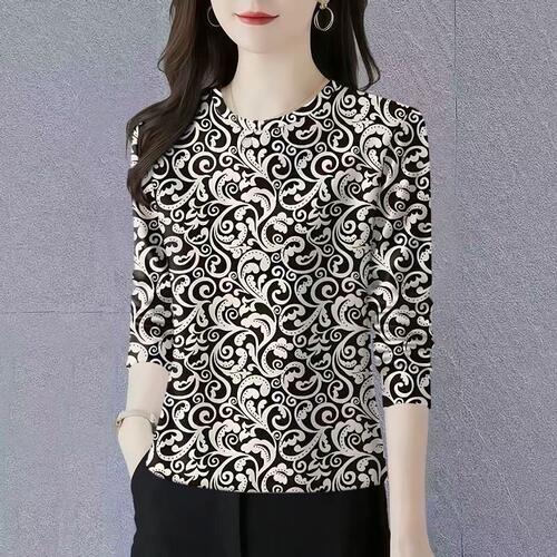 高级感时尚圆领长袖打底衫女中年妈妈装洋气花纹T恤大码遮肚上衣