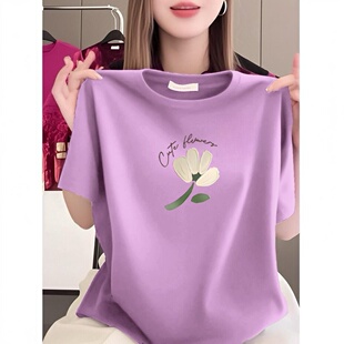 简约上衣T恤宽松短袖 圆领 花朵印花商场同款 清仓捡漏中老年女装