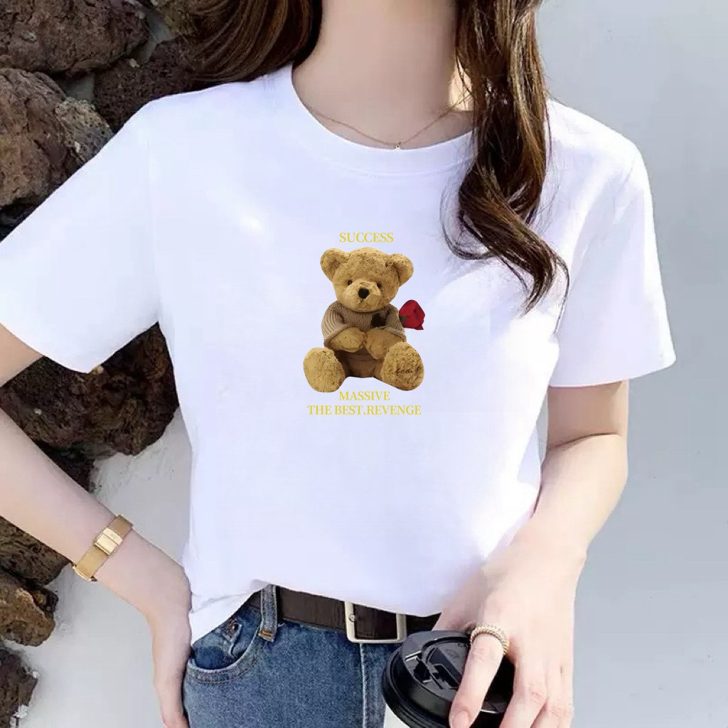 韩版复古休闲风小熊印花短袖T恤女士夏宽松减龄圆领上衣中年女士