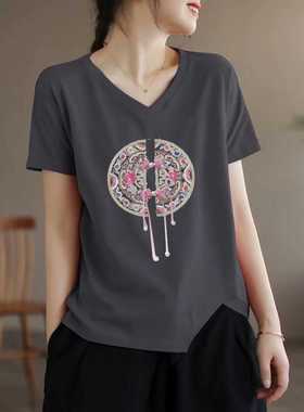 清仓新国风刺绣短袖t恤女夏装妈妈女士时尚减龄洋气中式红色上衣