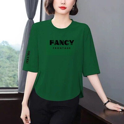 清仓捡漏洋气字母印花T恤女七分袖宽松显瘦遮肚减龄百搭中年上衣