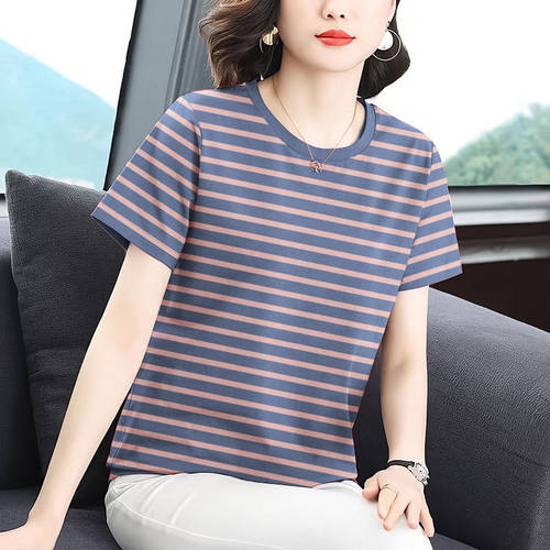 条纹正肩短袖t恤女妈妈夏季大码时尚洋气宽松遮肚上衣减龄体恤衫