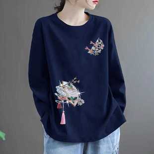 国风印花大码 新中式 遮肉妈妈中老年上衣 t恤女中长款 清仓捡漏长袖