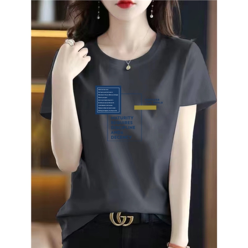 品牌欧洲站圆领上衣短袖高端灰色印花夏装时尚显瘦半袖打底衫T恤