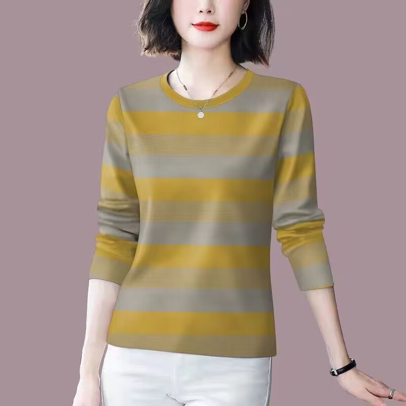 清仓捡漏外贸妈妈装中老年时尚条纹打底衫减龄长袖遮肚T恤女上衣