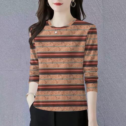 高级感时尚条纹长袖T恤女圆领大码减龄洋气上衣中年女装打底衫
