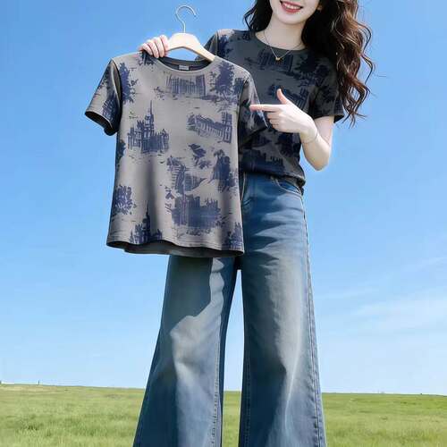 正肩女装短袖T恤妈妈时尚建筑图案印花上衣夏季新款圆领衣服女潮