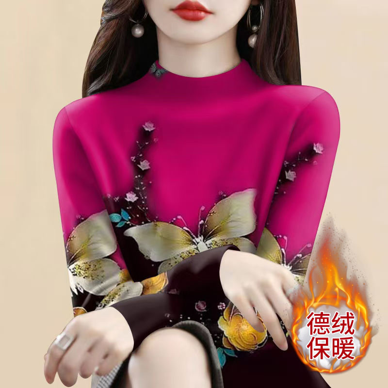 妈妈女装春秋长袖半高领打底衫保暖加绒加厚高档印花遮肚T恤上衣