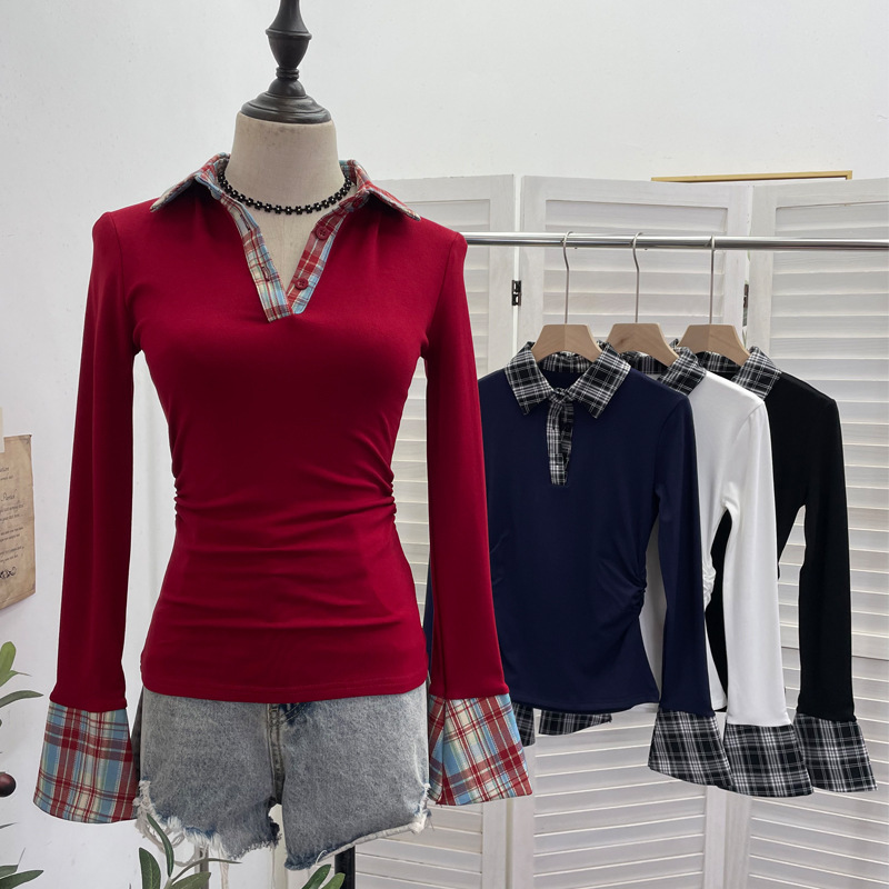 实拍 复古格纹polo领拼接长袖T恤磨毛修身显瘦褶皱打底衫上衣1390