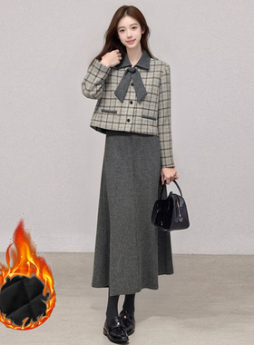 实拍 秋冬加厚小香风韩系裙子套装女翻领短外套半身裙法式小洋装
