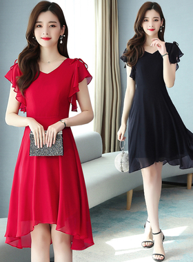 实拍黑色连衣裙夏新款女赫本风不规则显瘦高贵雪纺有女人味的裙子