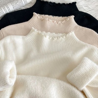 木耳边半高领一体绒毛衣女秋冬季新款内搭打底衫加绒加厚针织衫