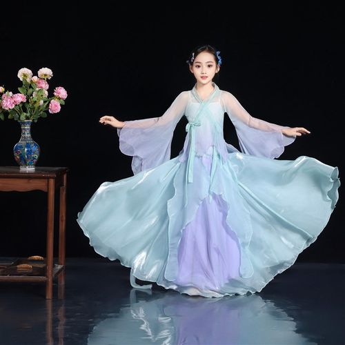 优选锦瑟舞蹈儿j童蝴蝶仙子袖青紫印花渐层色练功服古典舞服女童