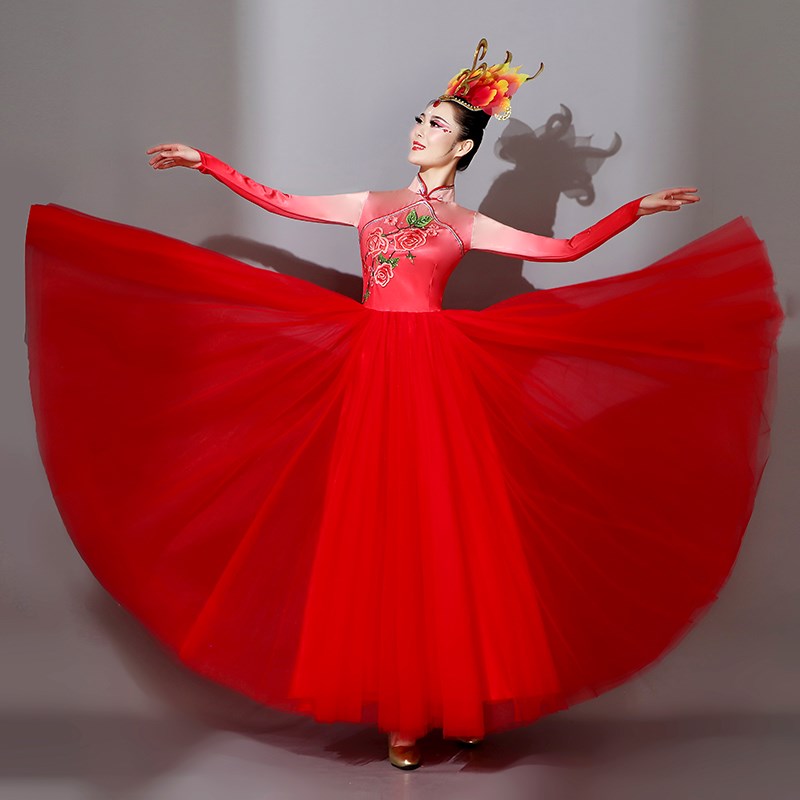 新选现场舞大摆裙演出服女新款合唱服绽放舞蹈服装V大气歌伴舞表