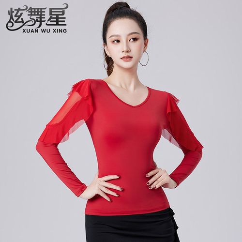 优选新款高端跳舞上衣气s质V领华尔兹练功服女春夏款显瘦拉丁舞服
