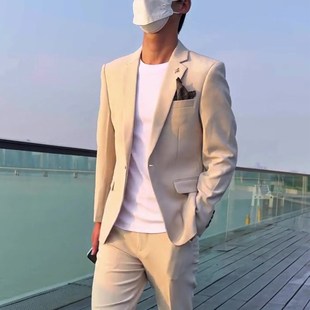 优选商务休闲牛仔蓝西服套装 平驳领新郎结婚礼服主持 高级感男G装