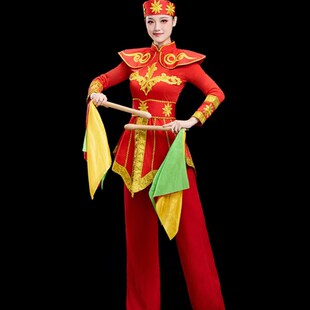 新品新款打鼓服红色喜庆开场舞演出服女飘逸打鼓舞W腰鼓服大气锣