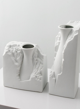 精选艺贝子新中式白色浮雕石头陶瓷E花瓶摆件K样板间书房客厅软装