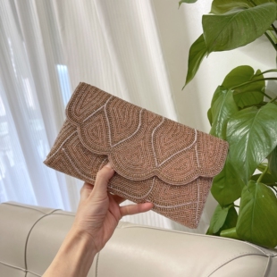 现货印度手工钉珠亮片小花手拿手提袋珠绣串珠斜挎单肩腋下信封包