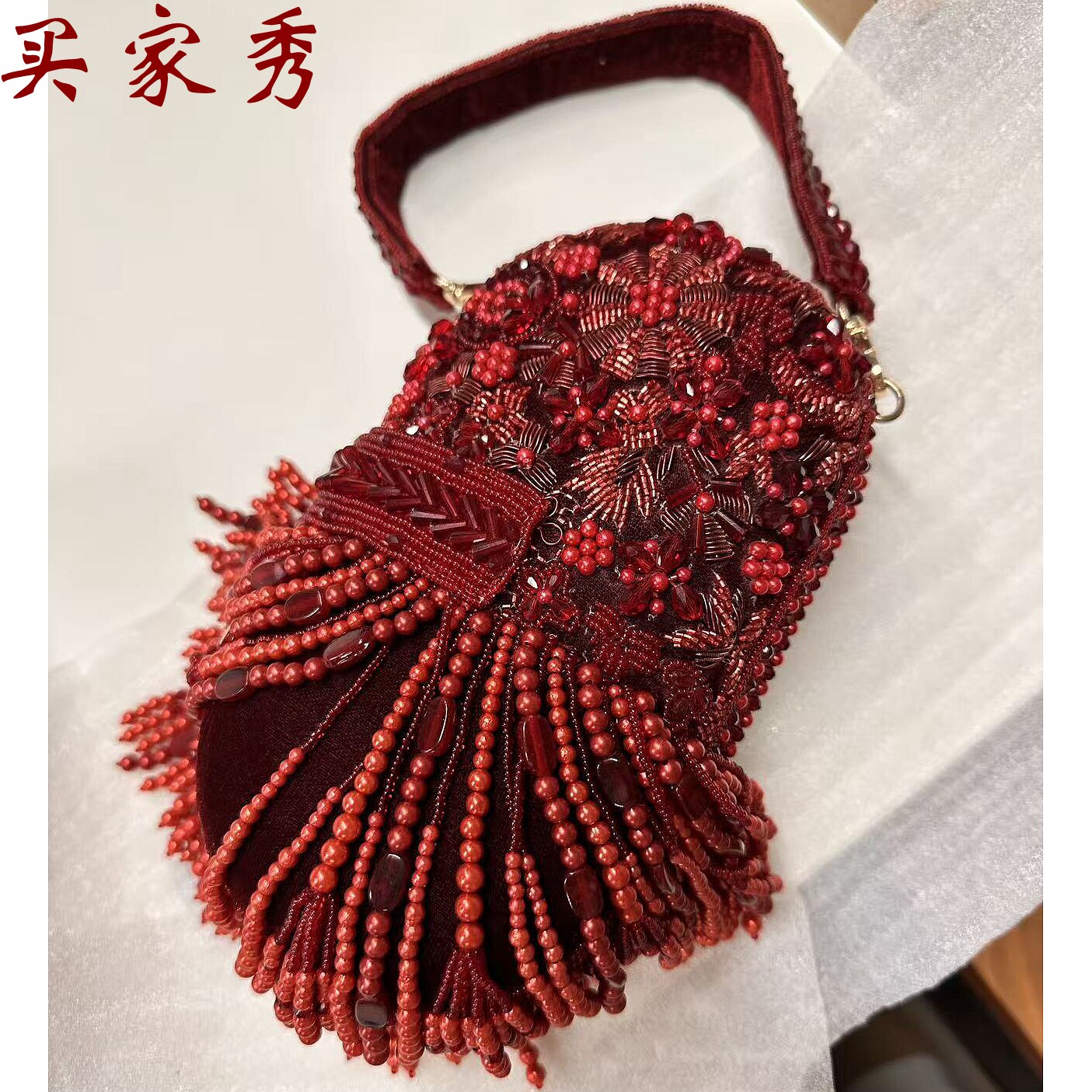 印度手工钉珠叶子流苏手提盒子包