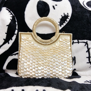 现货印度纯手工重工钉珠贝母手提袋珠绣水钻斜跨单肩包串珠手环包