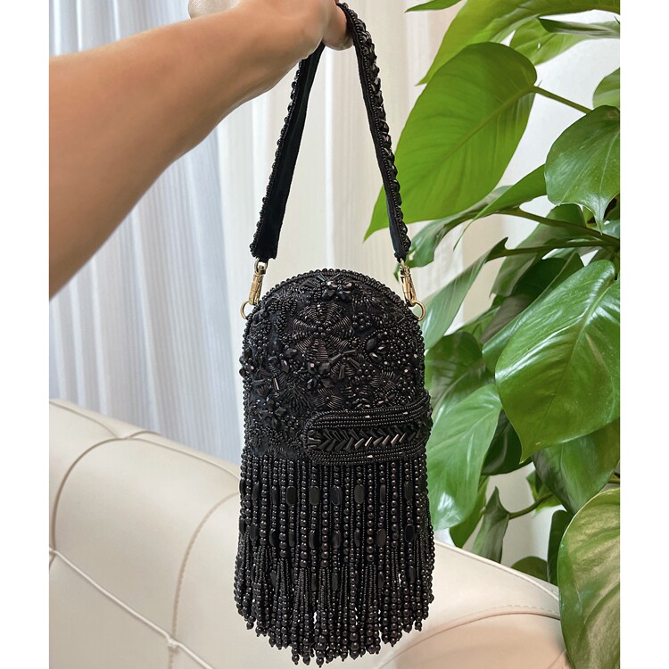 印度手工钉珠叶子流苏手提盒子包