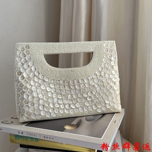现货印度纯手工重工钉珠贝母手提袋珠绣水钻手拎包串珠贝壳法绣包