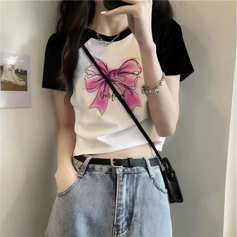 欧货黑白撞色插肩短袖配高腰裤的短款上衣修身显瘦纯棉半袖设计感