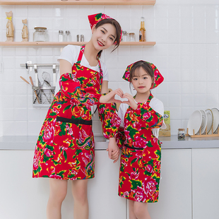 烘焙厨艺凤凰半身 头巾儿童时尚 东北大花民族围裙套装 亲子围兜套袖