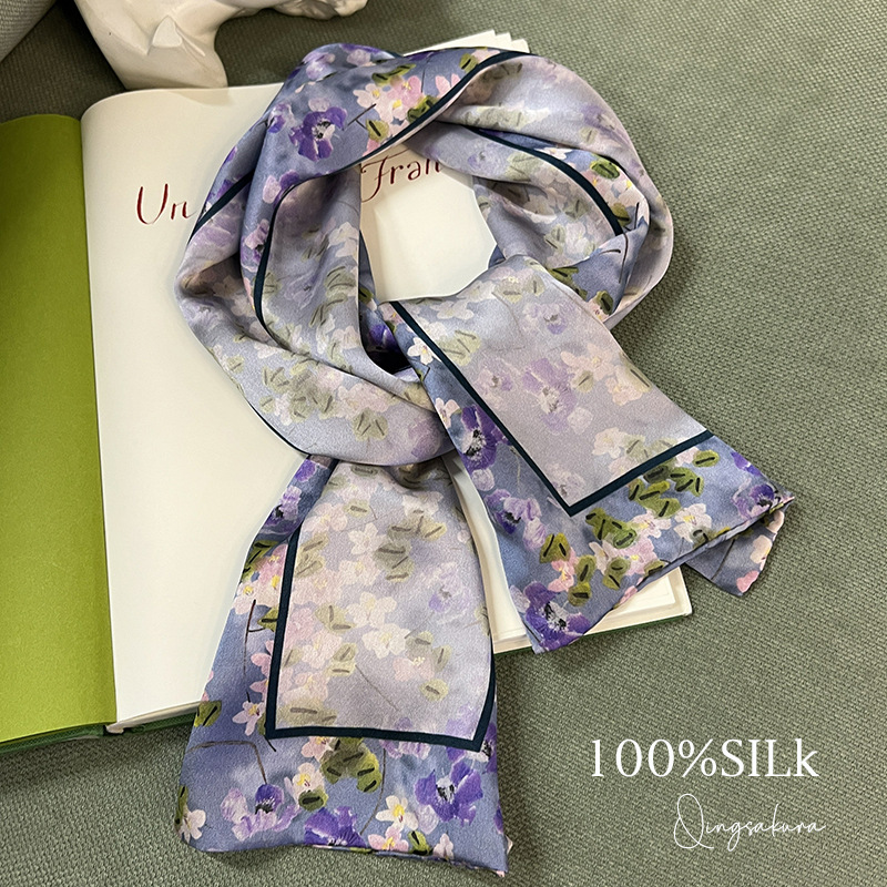 梦幻青樱！双面双层桑蚕丝丝巾长条围巾细窄发带感紫色薄款女